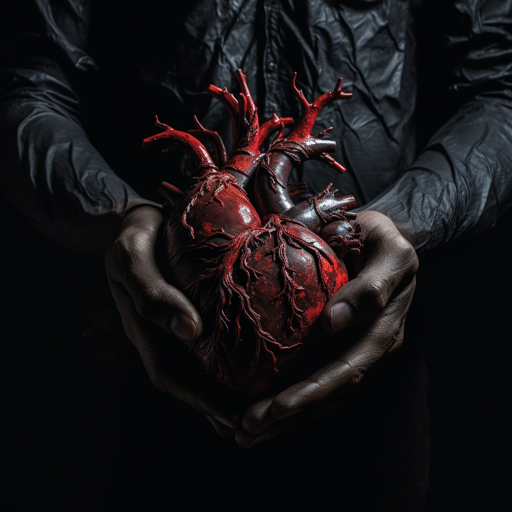 Hand holding human heart