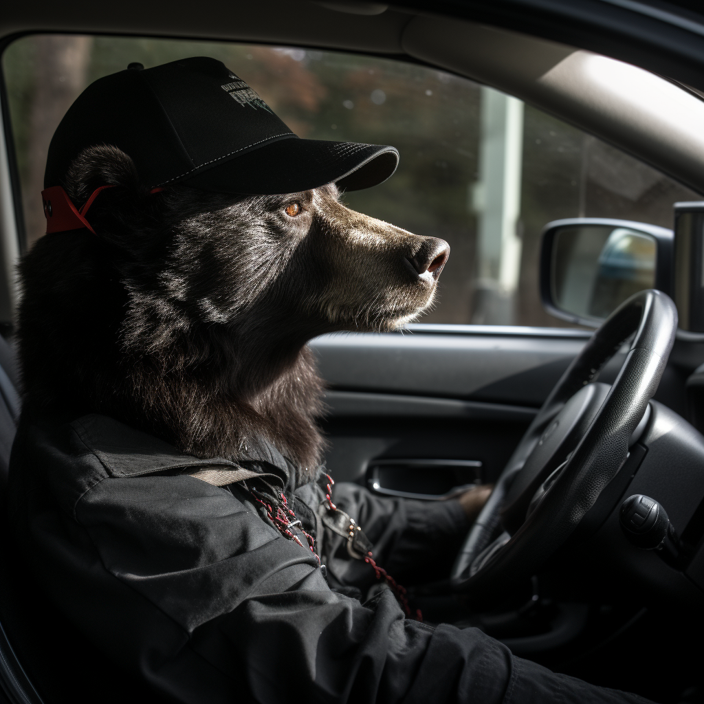 Black bear wearing a baseball cap in a stylish photograph