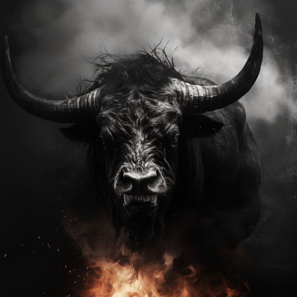 Eerie black bull surrounded by fire