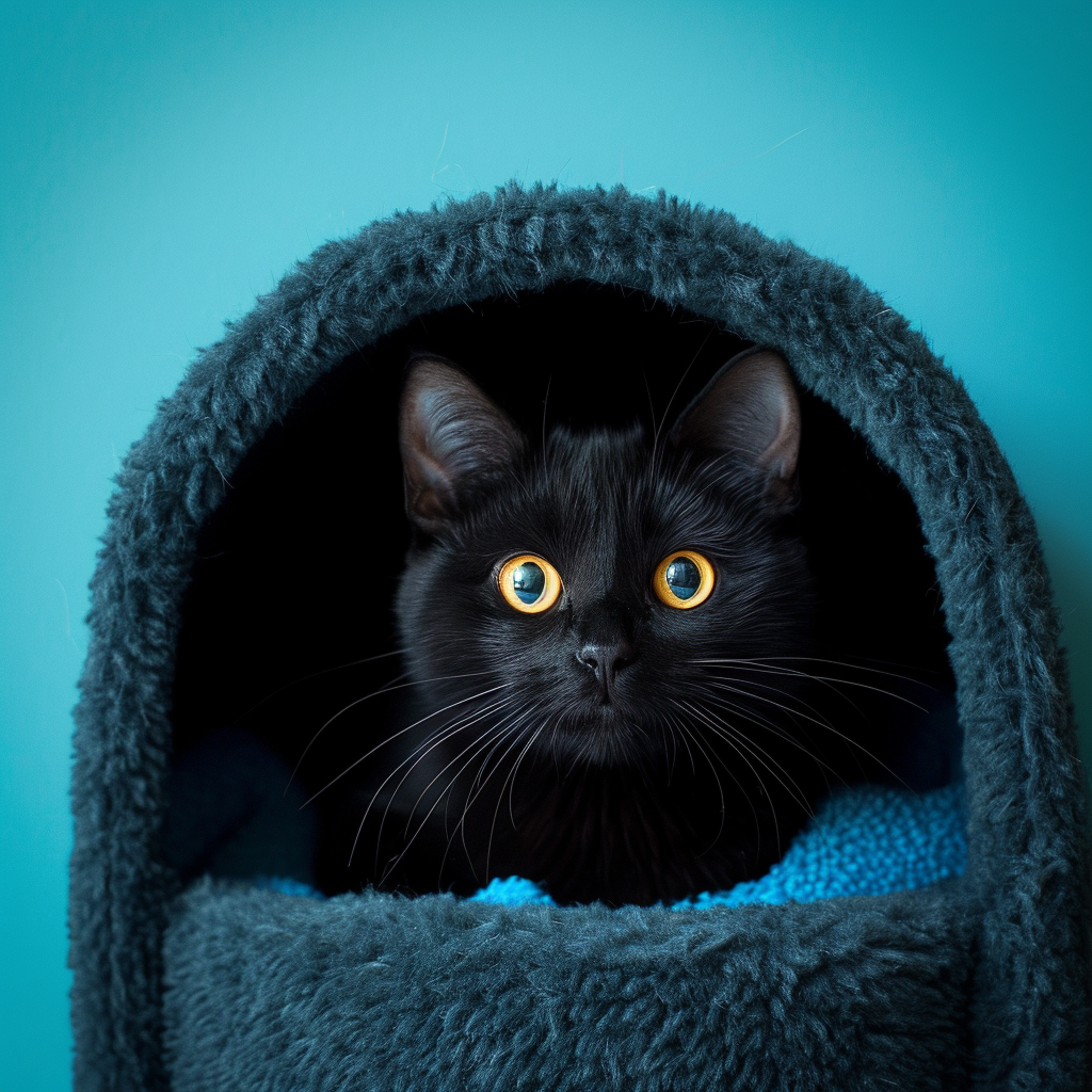 Black cat on blue background in winter