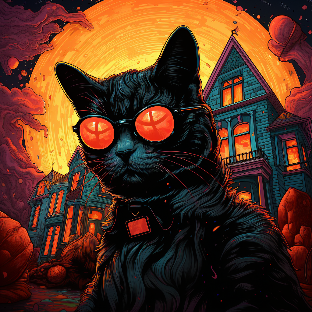 Black cat wearing sunglasses in front of haunted house