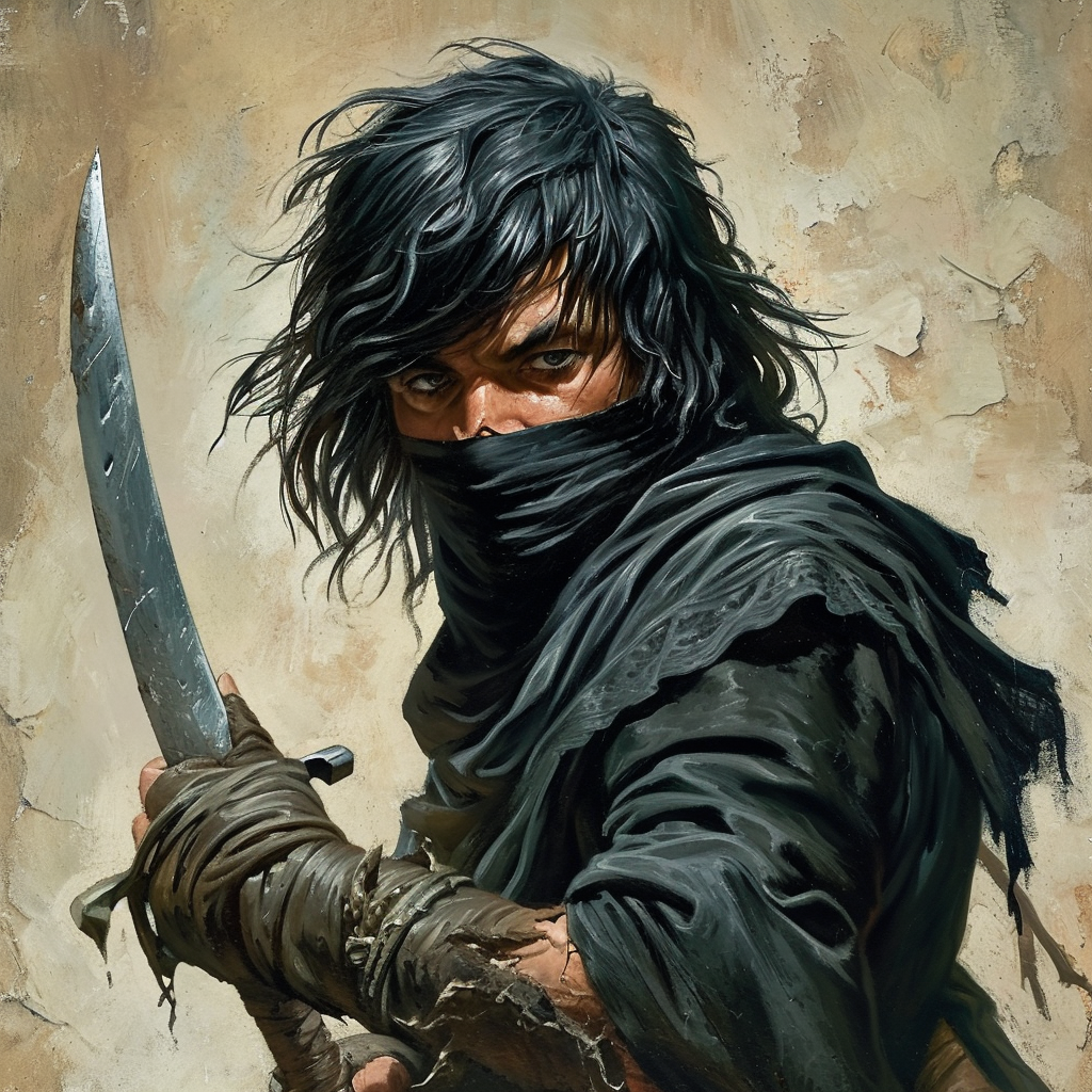 Illustration of a Scarred Human Bandit with a Curved Knife