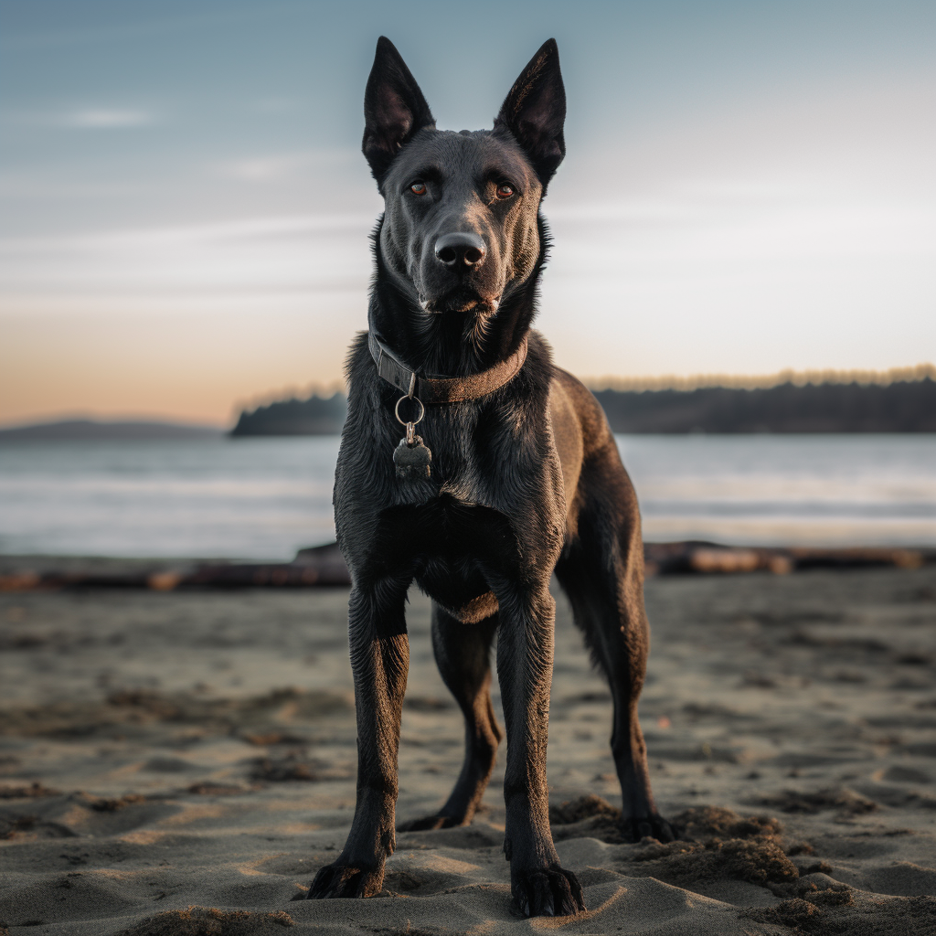 Beautiful black Dutch Shepherd on the beach