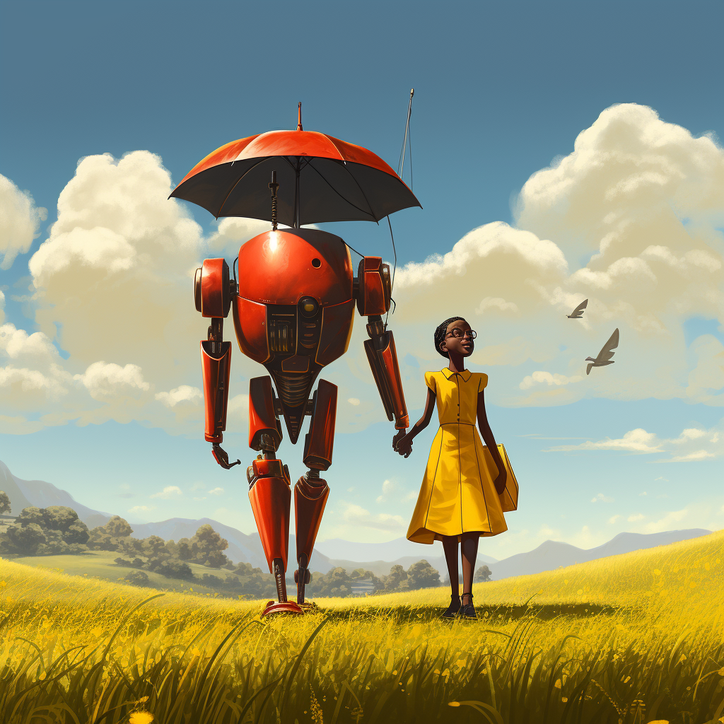 Black girl in yellow dress walking with robot umbrella