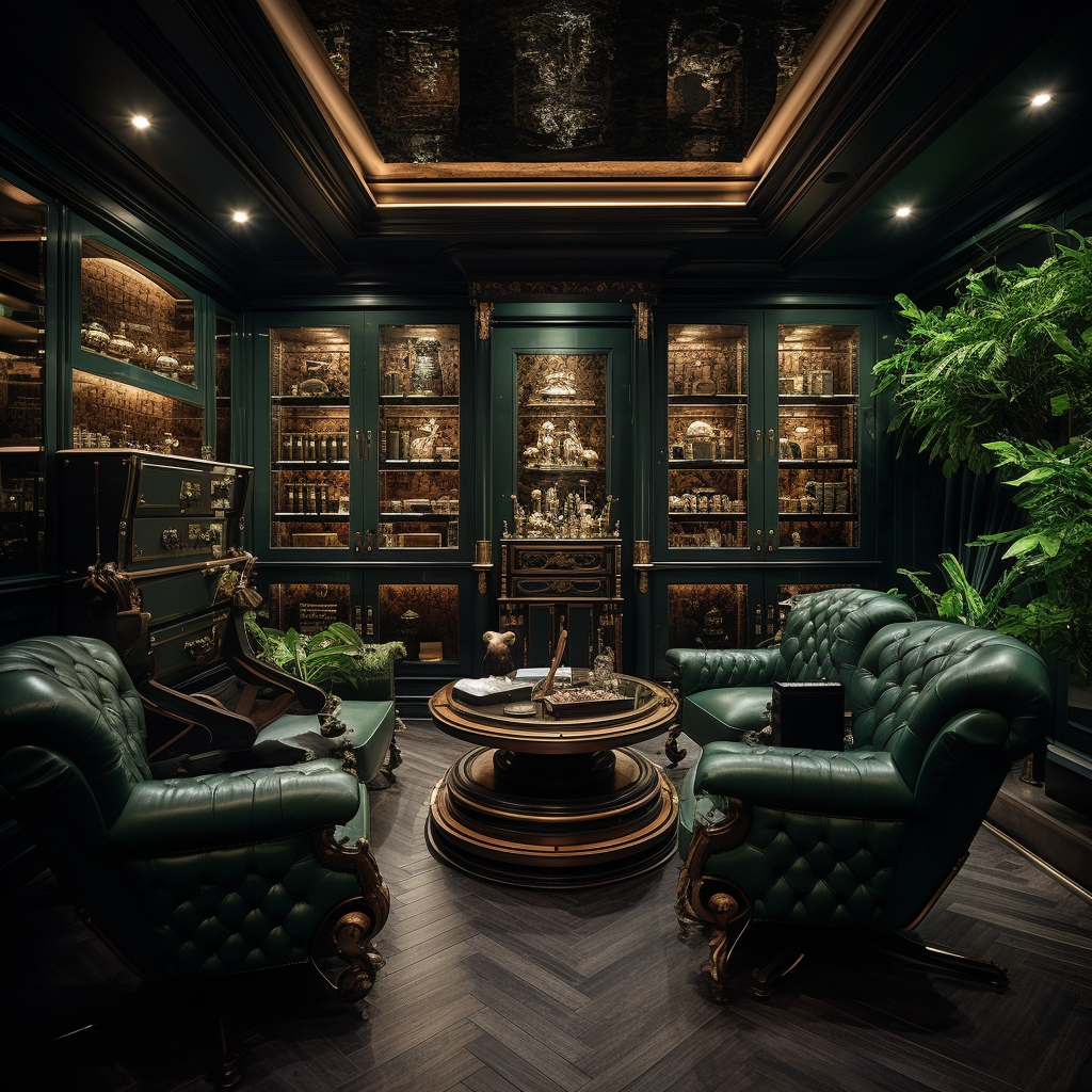 Black Green Luxury Cigar Room with Woods and Heater