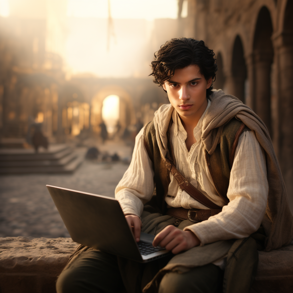 Teenage boy working on laptop in historical setting