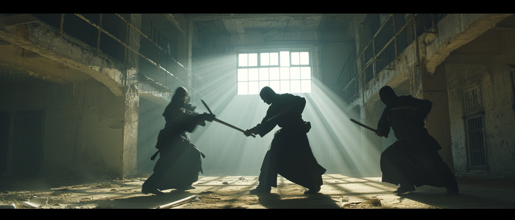 Three black knife fighters in dynamic action