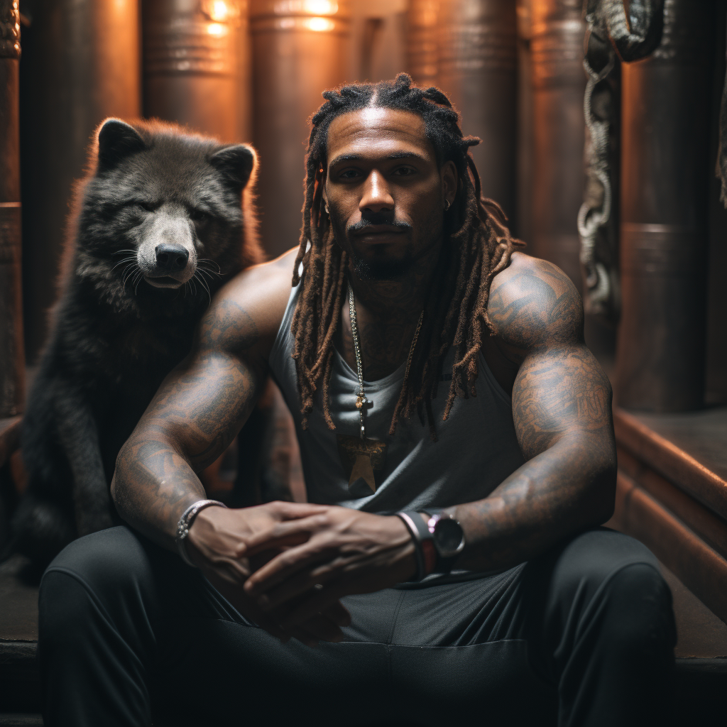 Black man with dreads and koala enjoying steam room