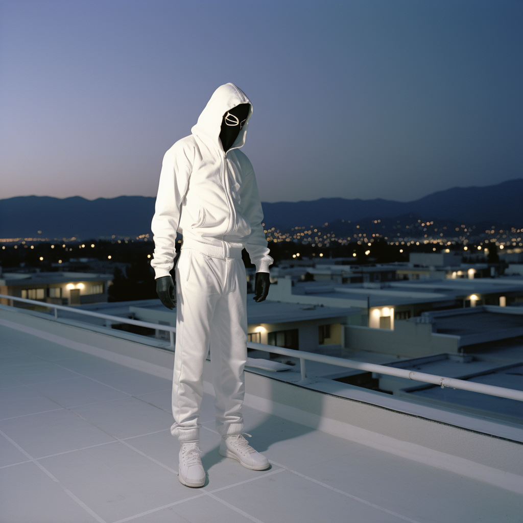 Black man in Japanese warrior mask on rooftop