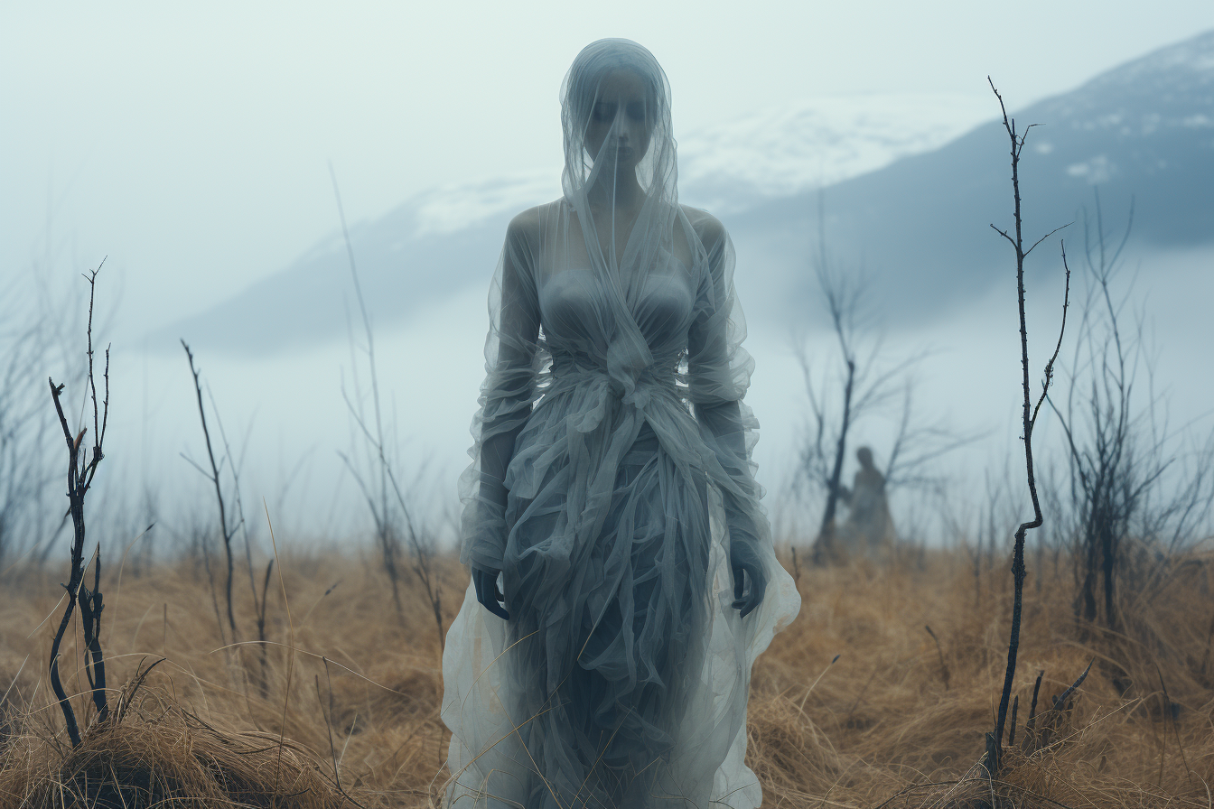 Black mannequin on snowy mountain grass