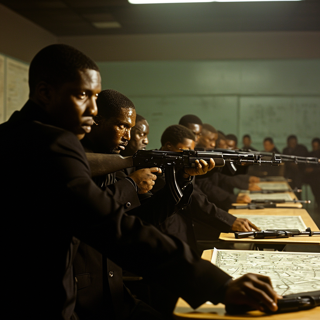 Black men learning tactical strategy with automatic rifles