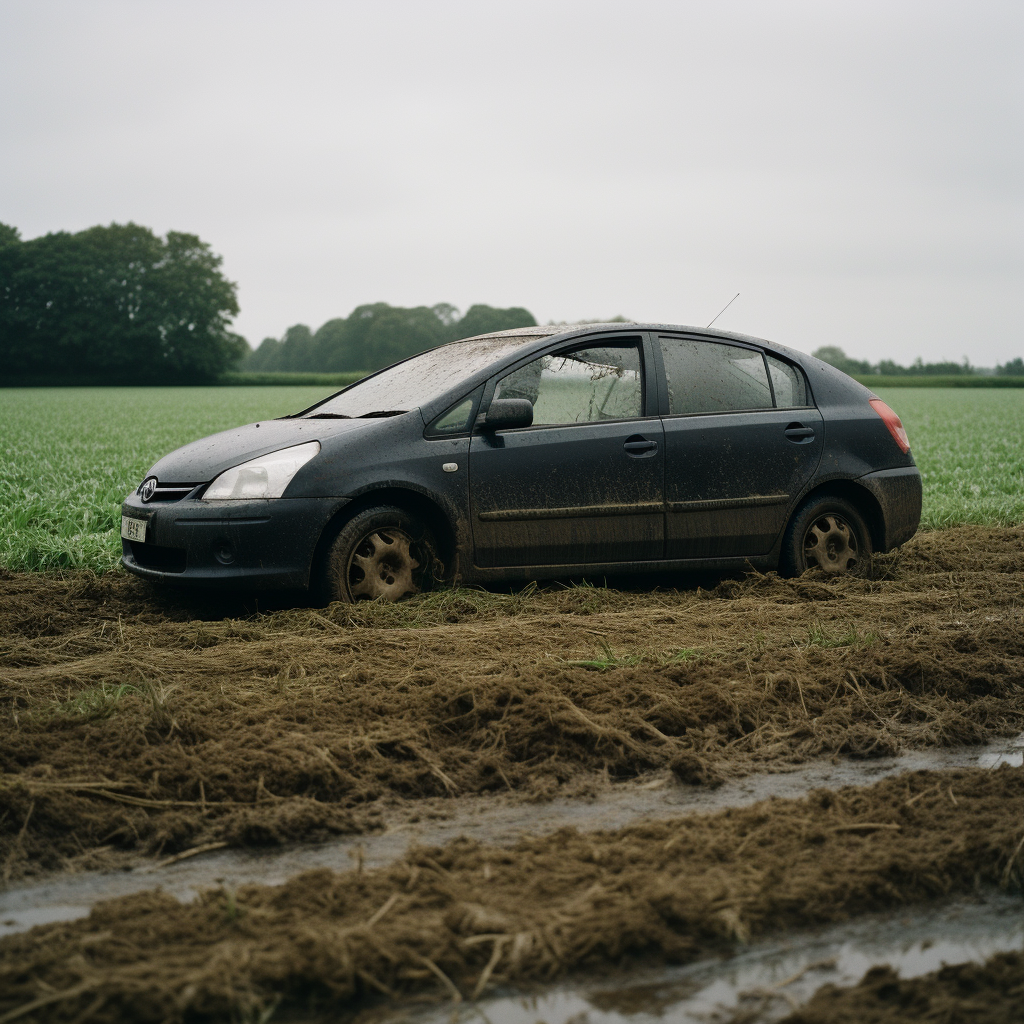 Black muddy Toyota Prius stuck in wet field