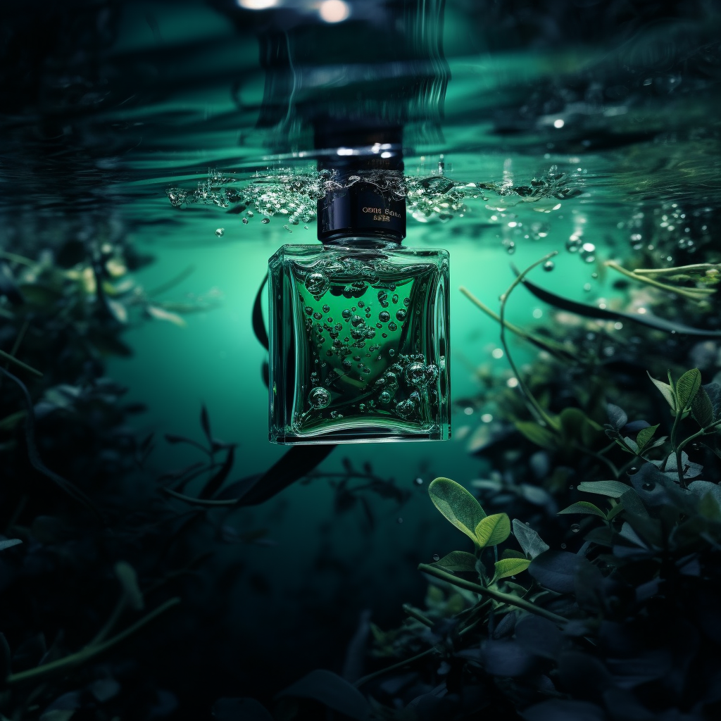 Perfume bottle on dark green water