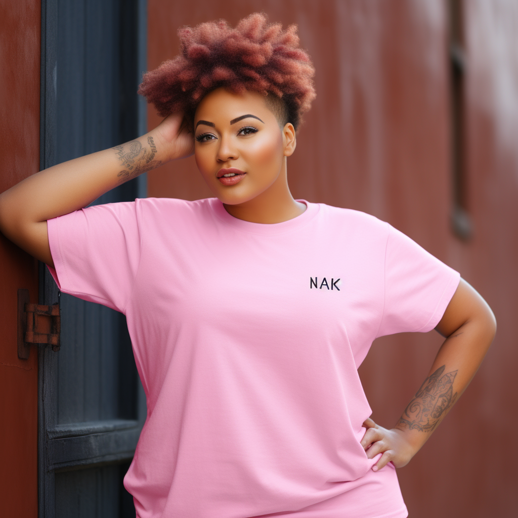 Black plus size model wearing pink cotton tshirt mockup