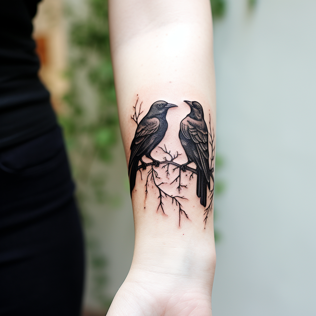 Black ink wrist tattoo of ravens