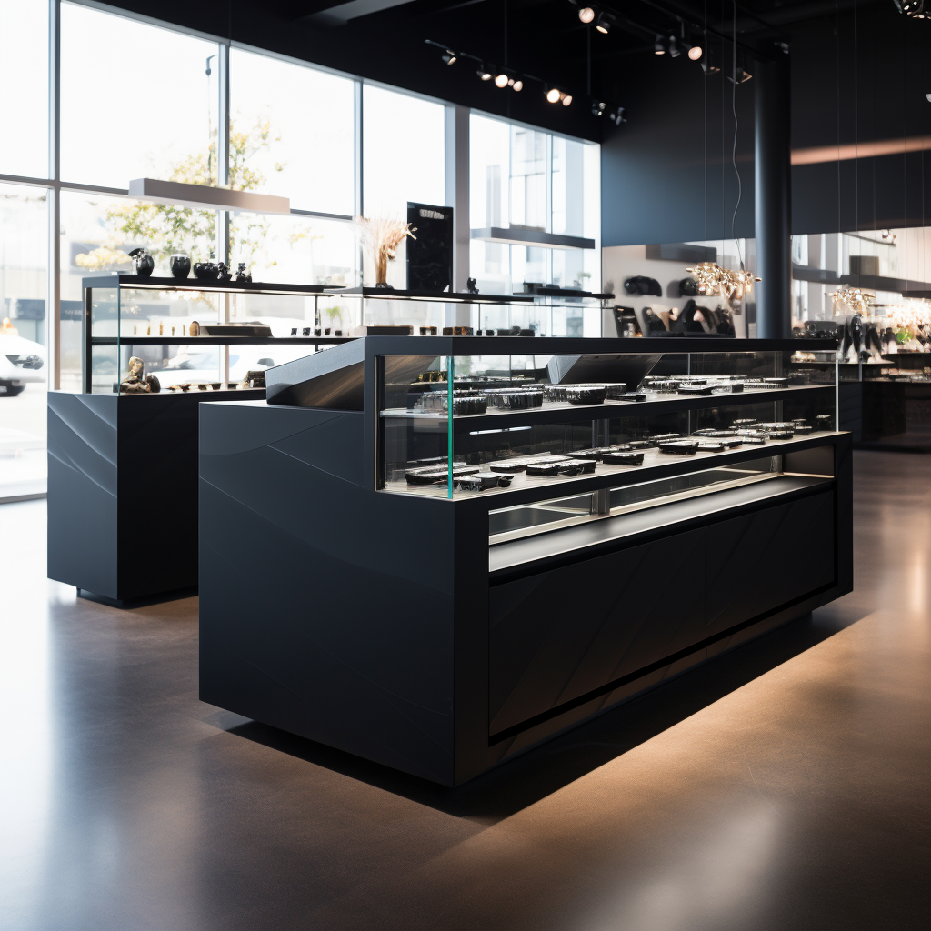 Black retail service counter with full vision display case