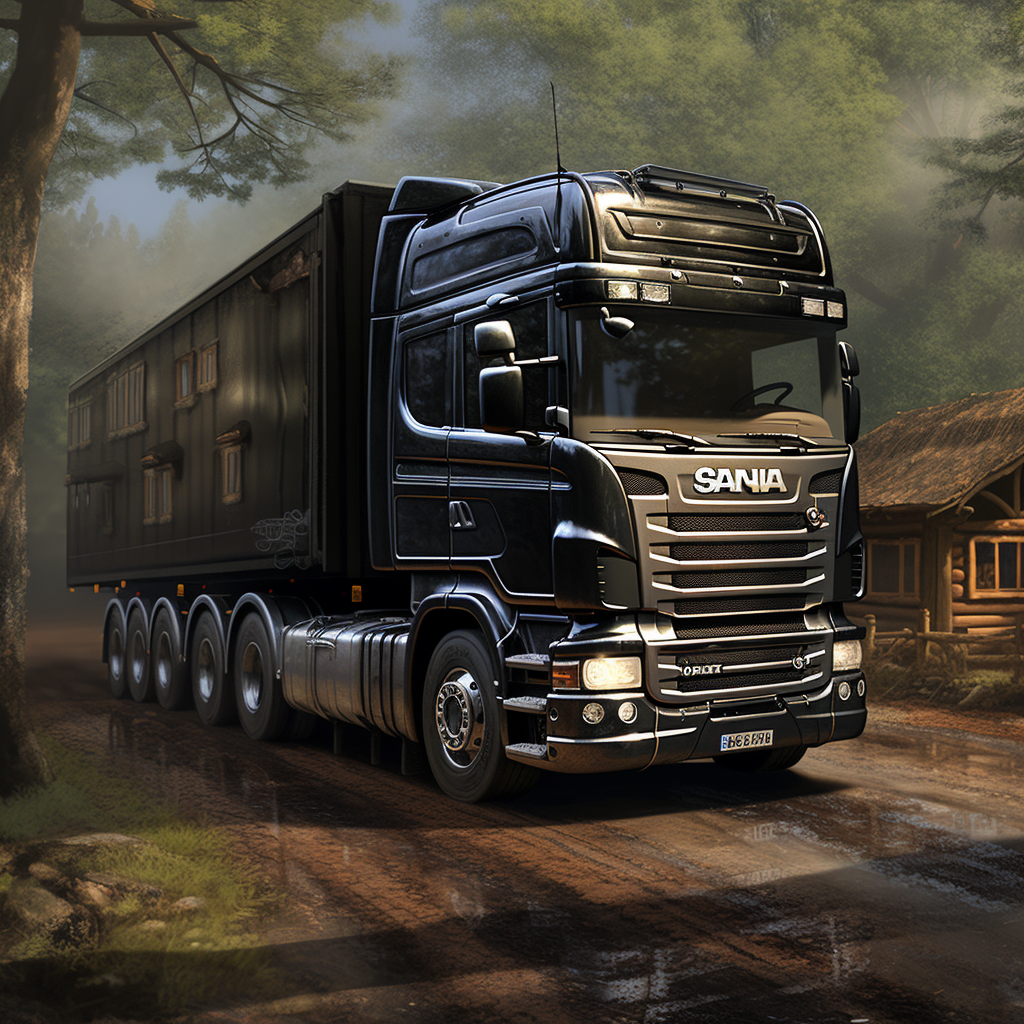 Black Scania truck in the forest