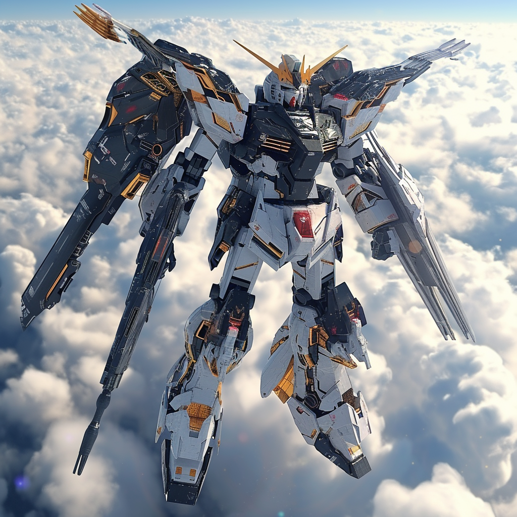 Black Spacegrey Gundam Figure on Clouds with Birds