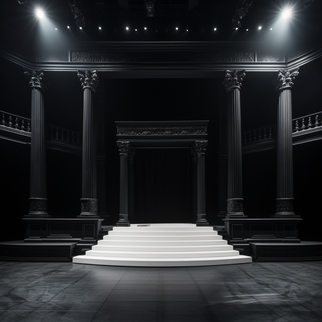 Black stage with white staircase and Greek column