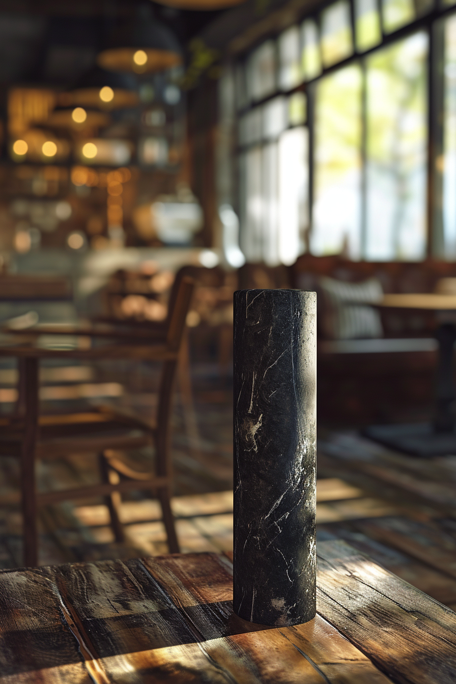 Image of black stone cylinder in cafe