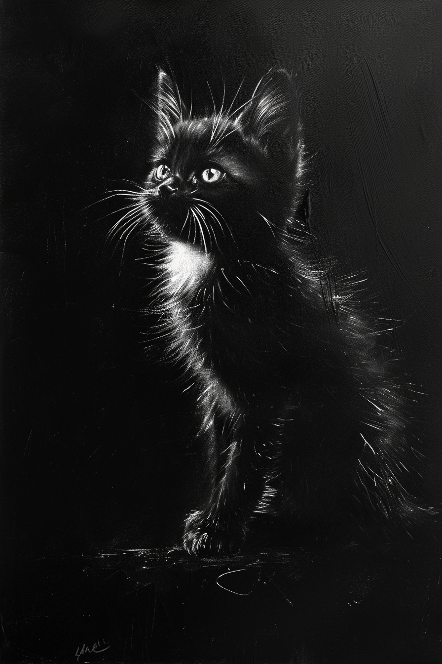 black and white acrylic painting kitten