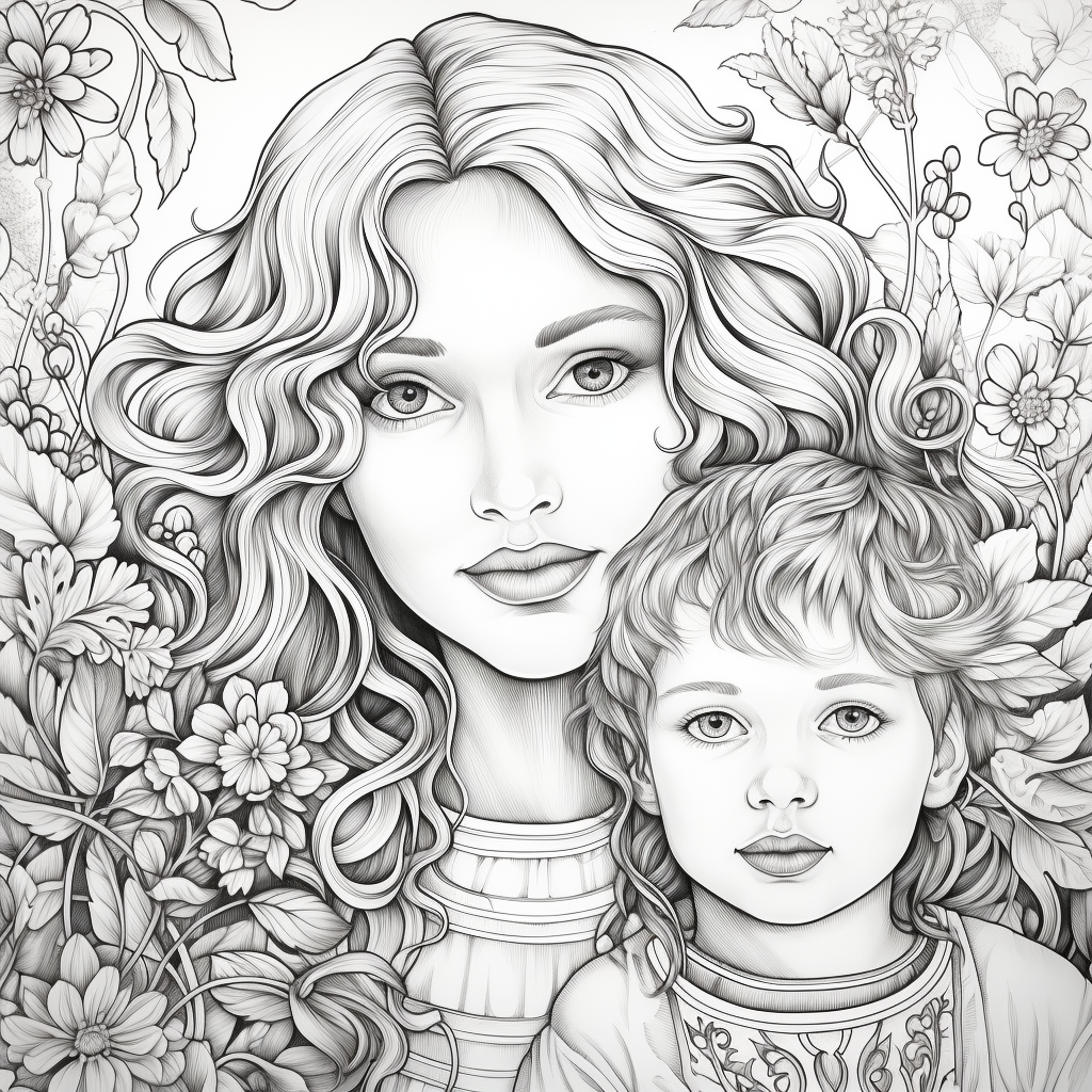 Mom and adult son on coloring book page