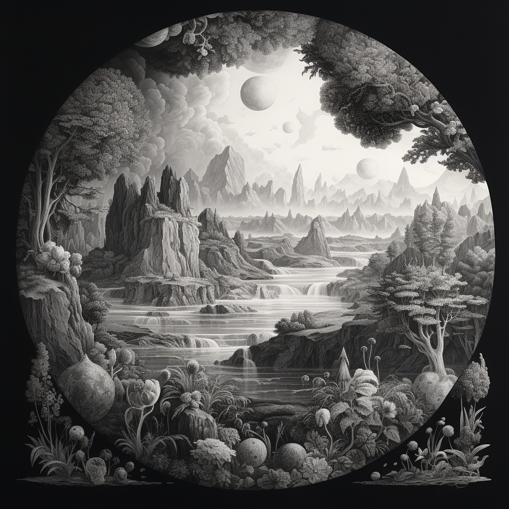 Black and white Earth drawing in Jan Brueghel style