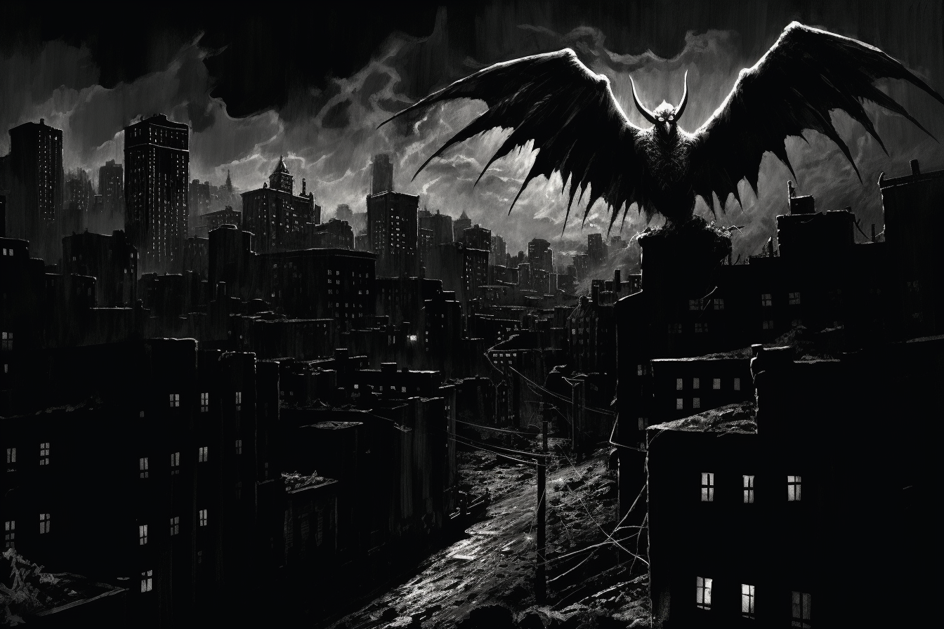 Winged demon overlooking modern cityscape