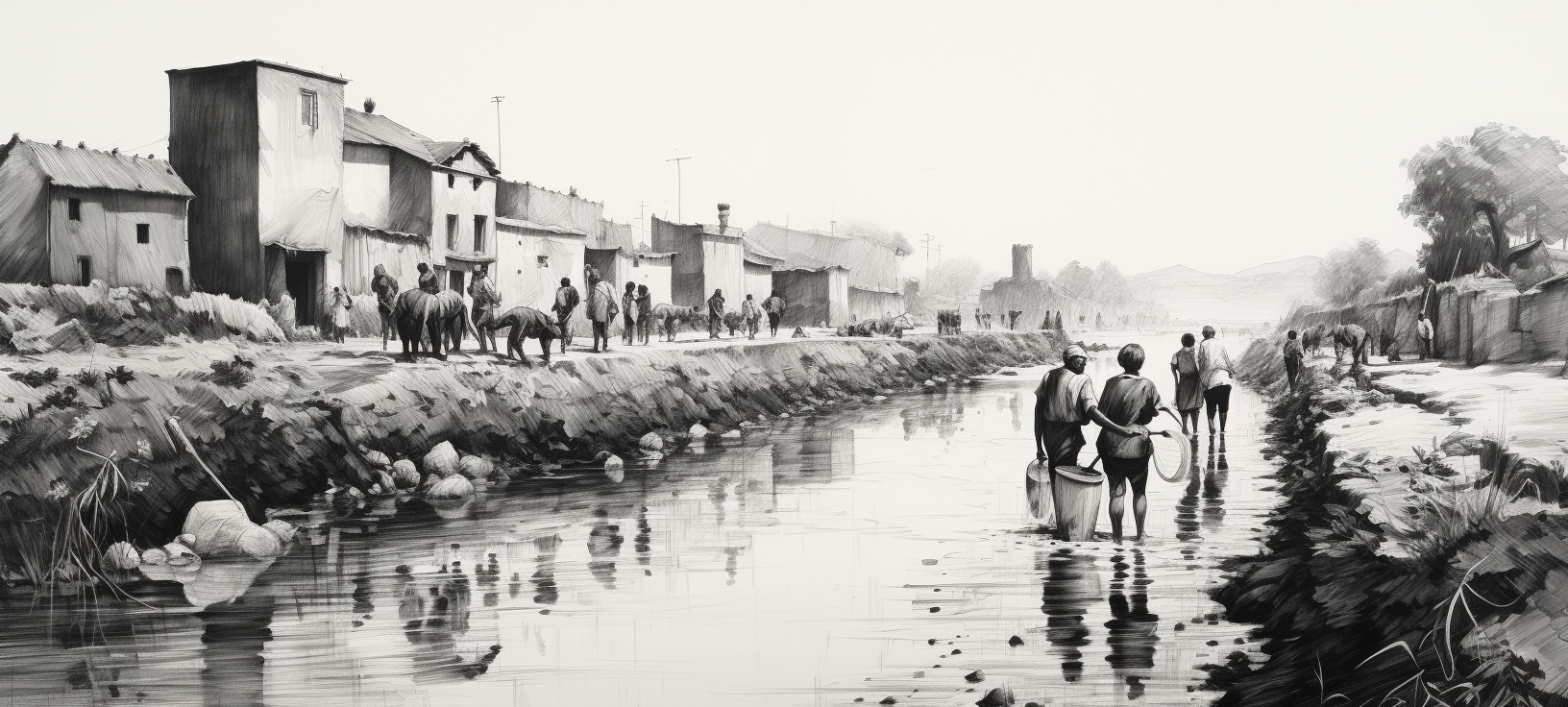 Artistic portrayal of people near an irrigation canal