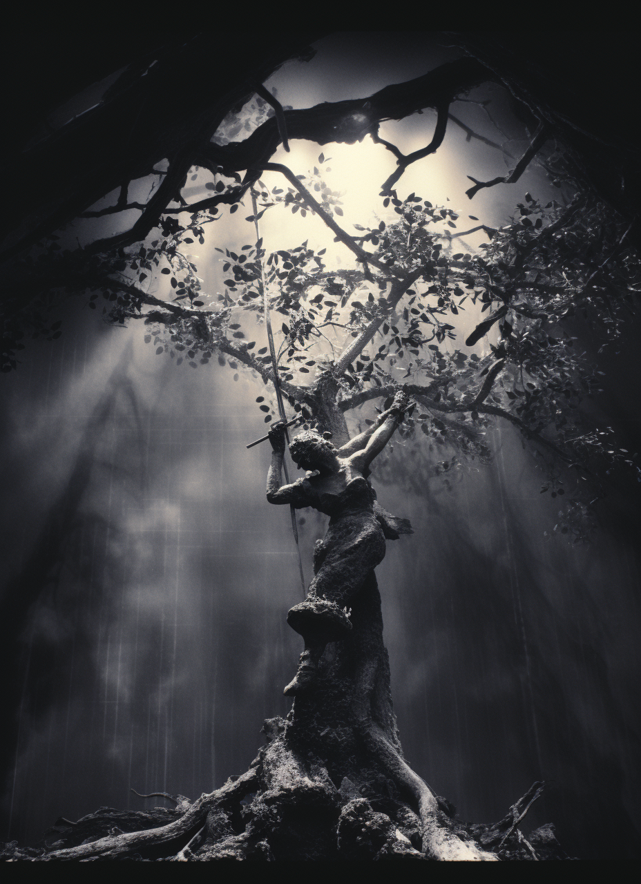 Slender black and white tree with folliage