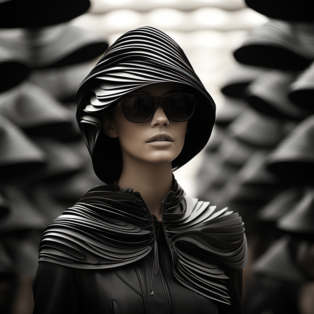 Black and white image of woman walking in front of fans