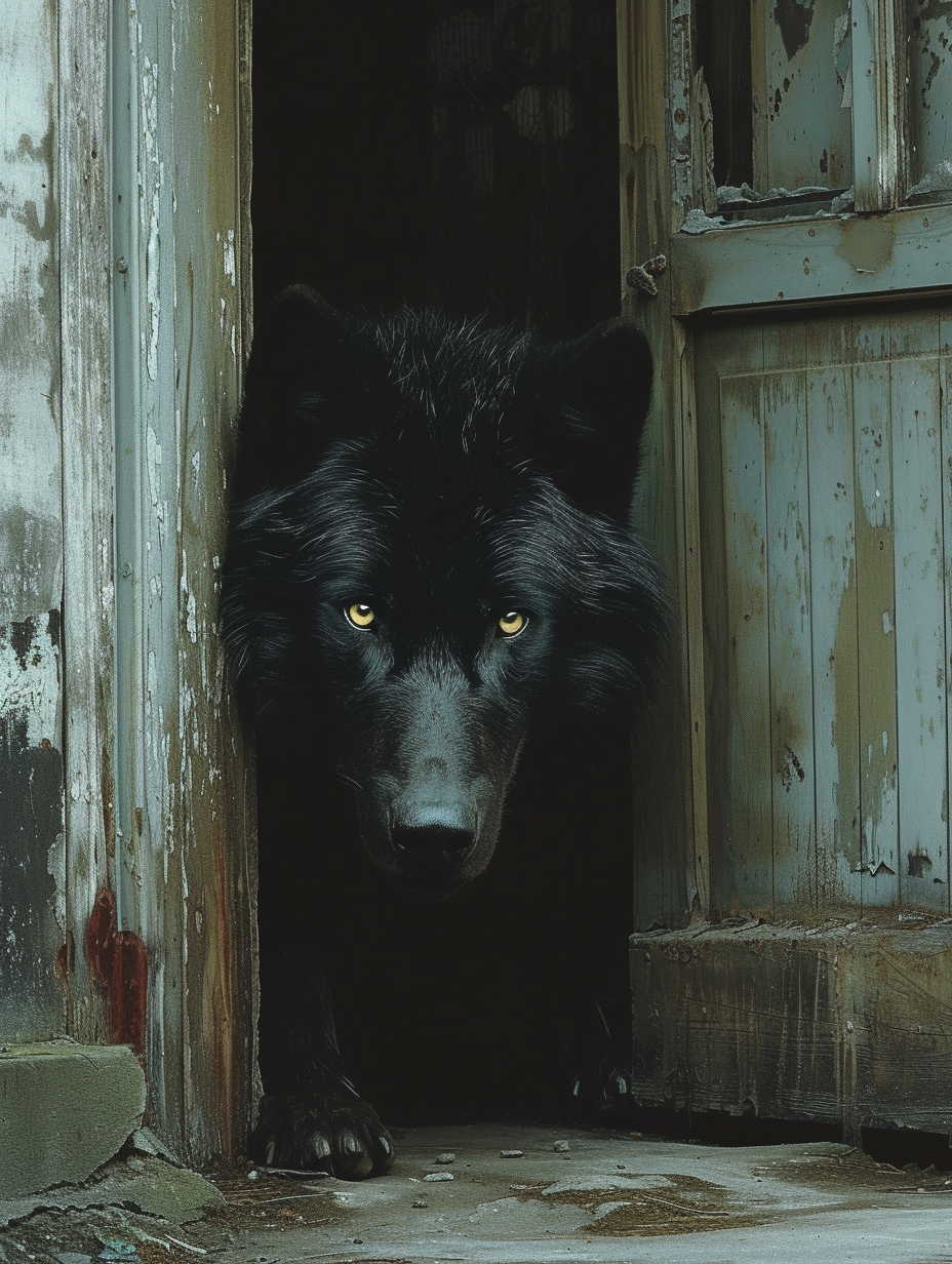 black wolf doorway surrealistic installations