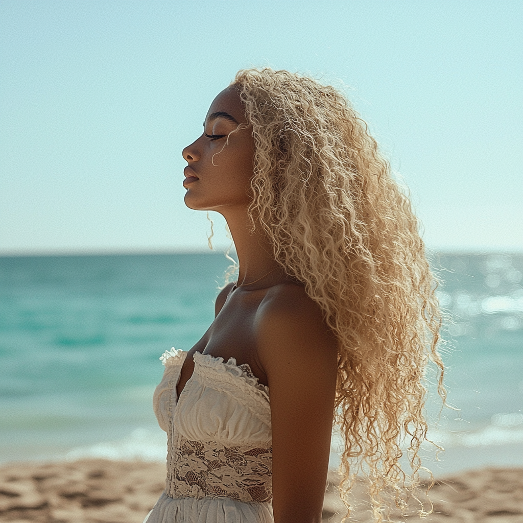 Black woman in white dress on beach