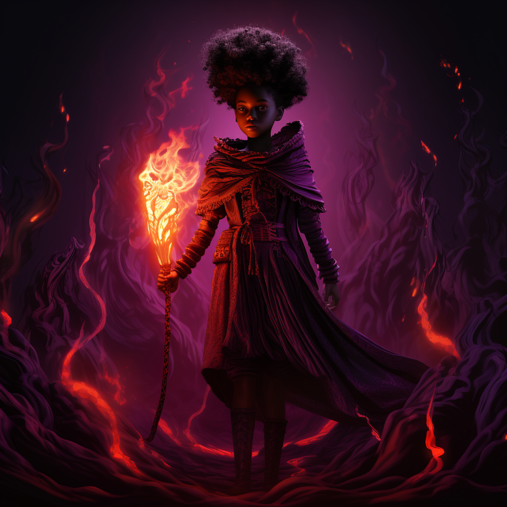 Strong black woman carrying torch in dark fantasy illustration