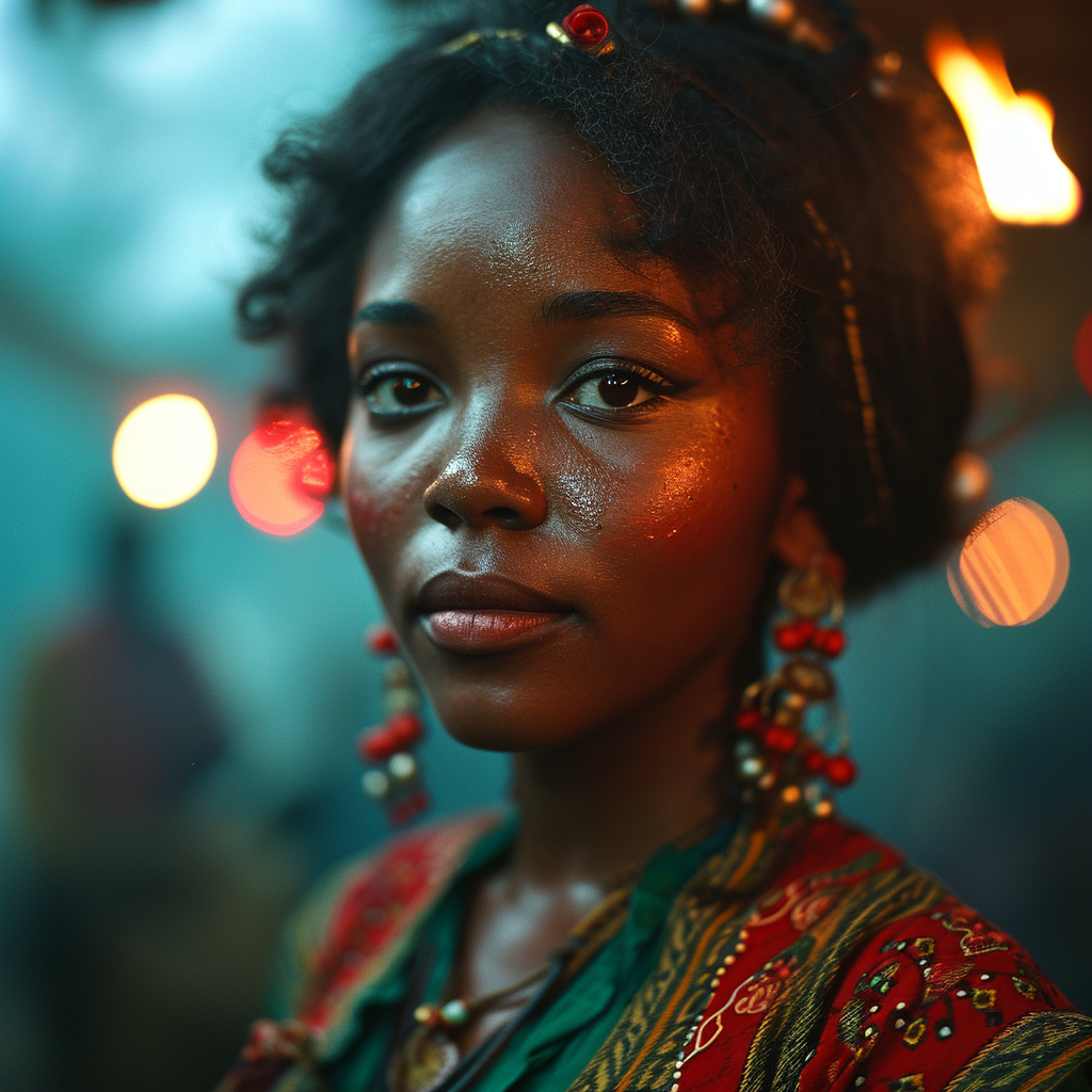 Beautiful Black Woman Celebrating New Year's with Fireworks