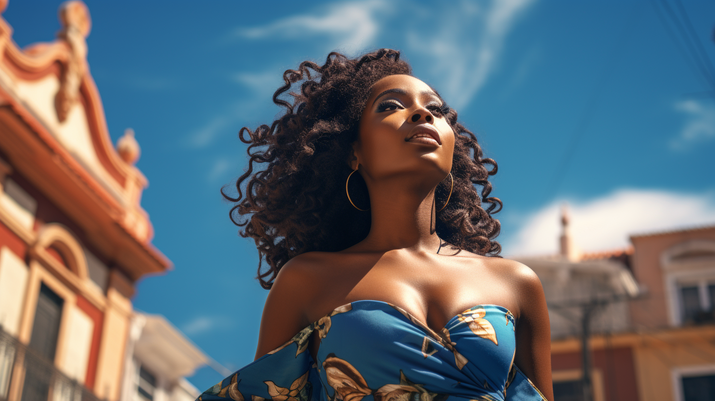 Black woman in sunny blue sky town