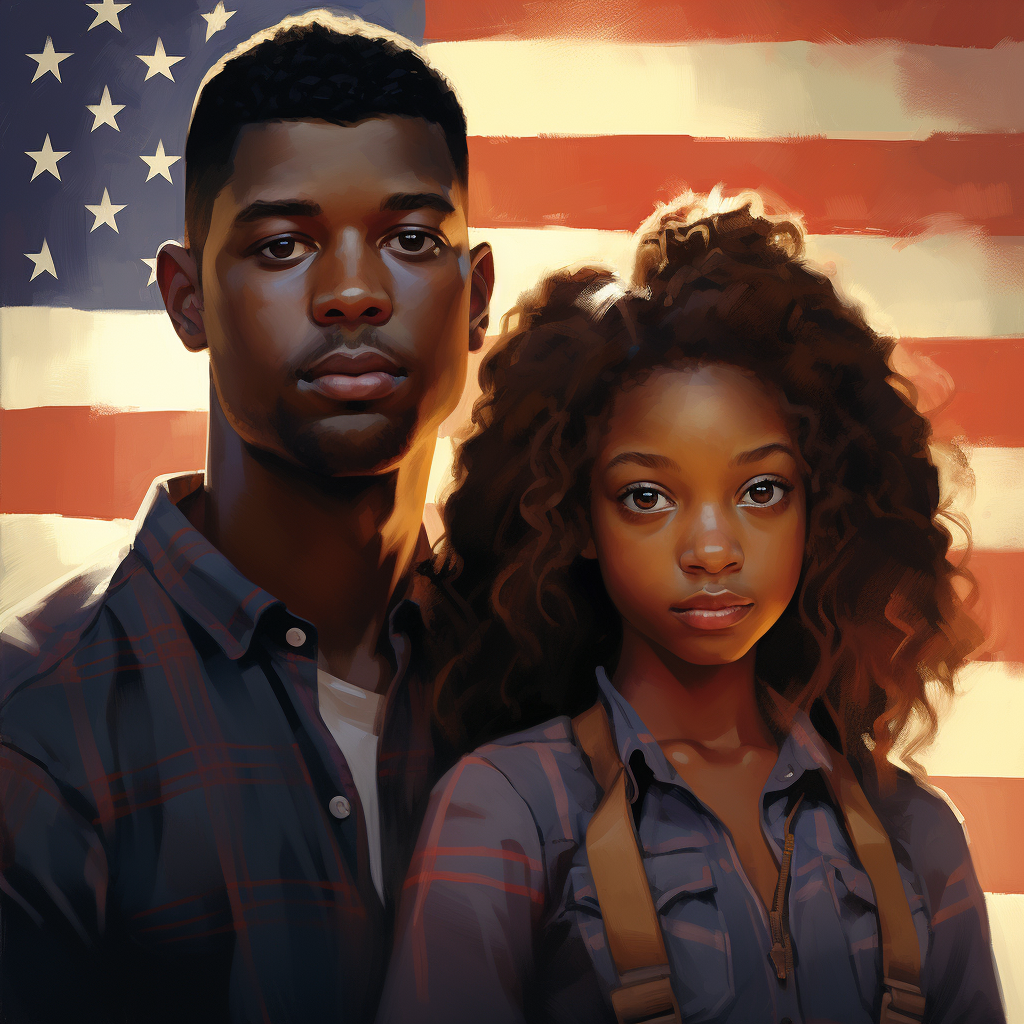 Black American Younger Boy and Girl with Flag Cartoon