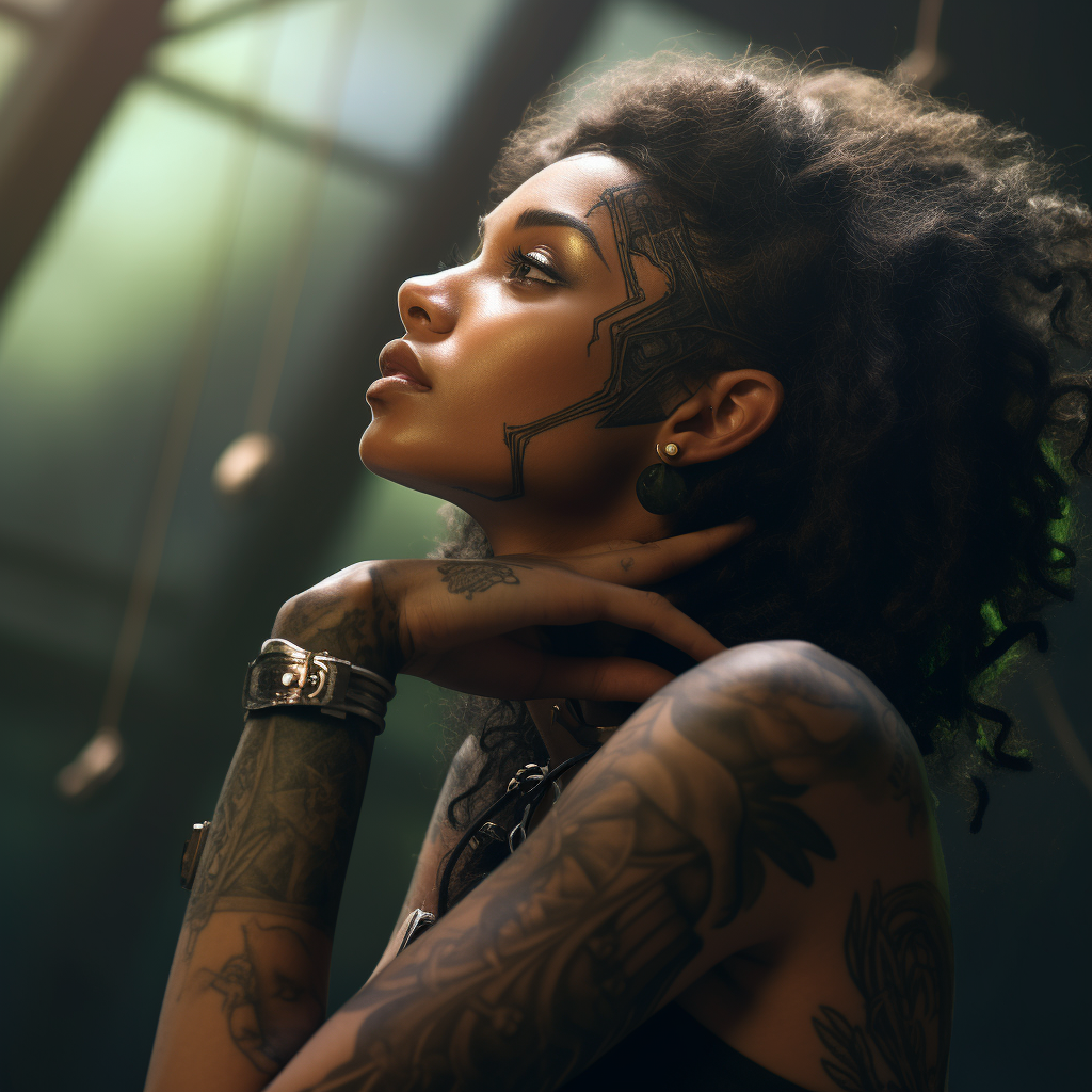 Black female space adventurer with tattoos and green eyes