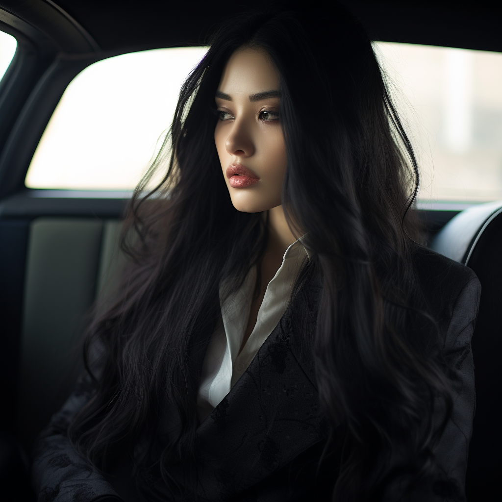 Stylish woman in black trench coat sitting in car