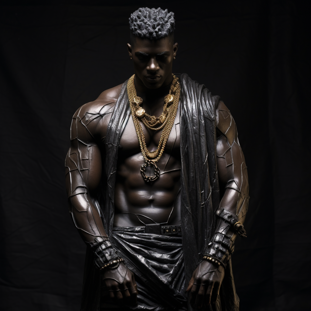 Elegant black male obsidian statue in dark corner