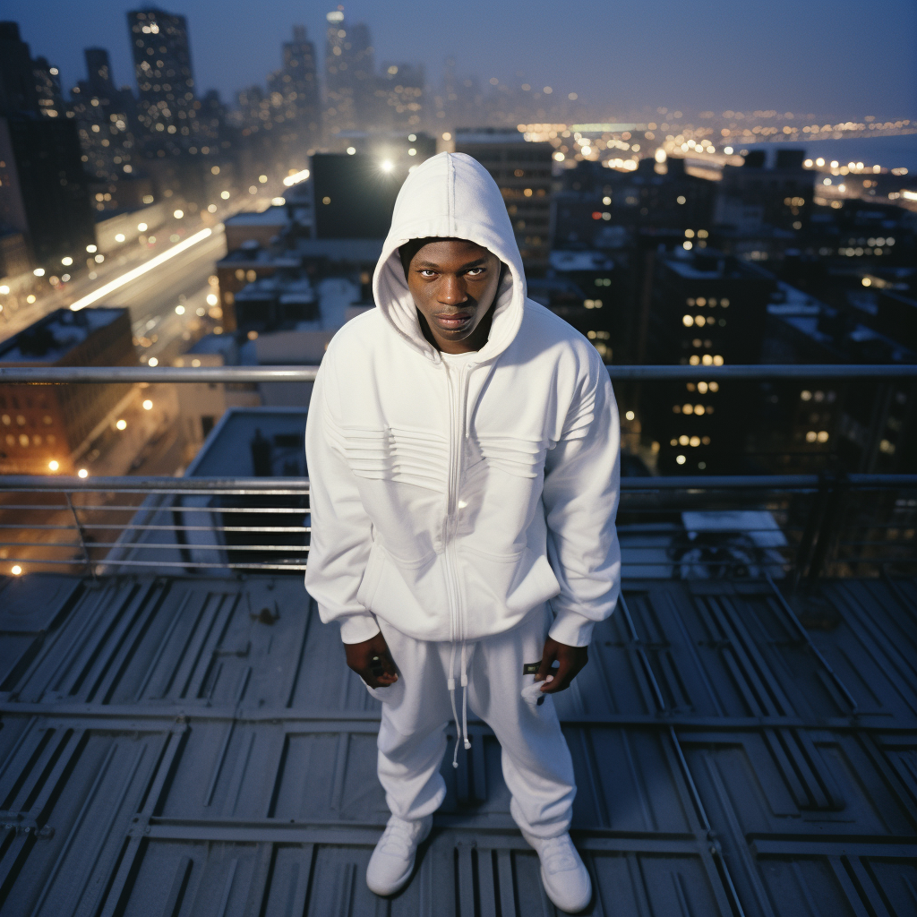 Black Striped Hooded Man on Rooftop