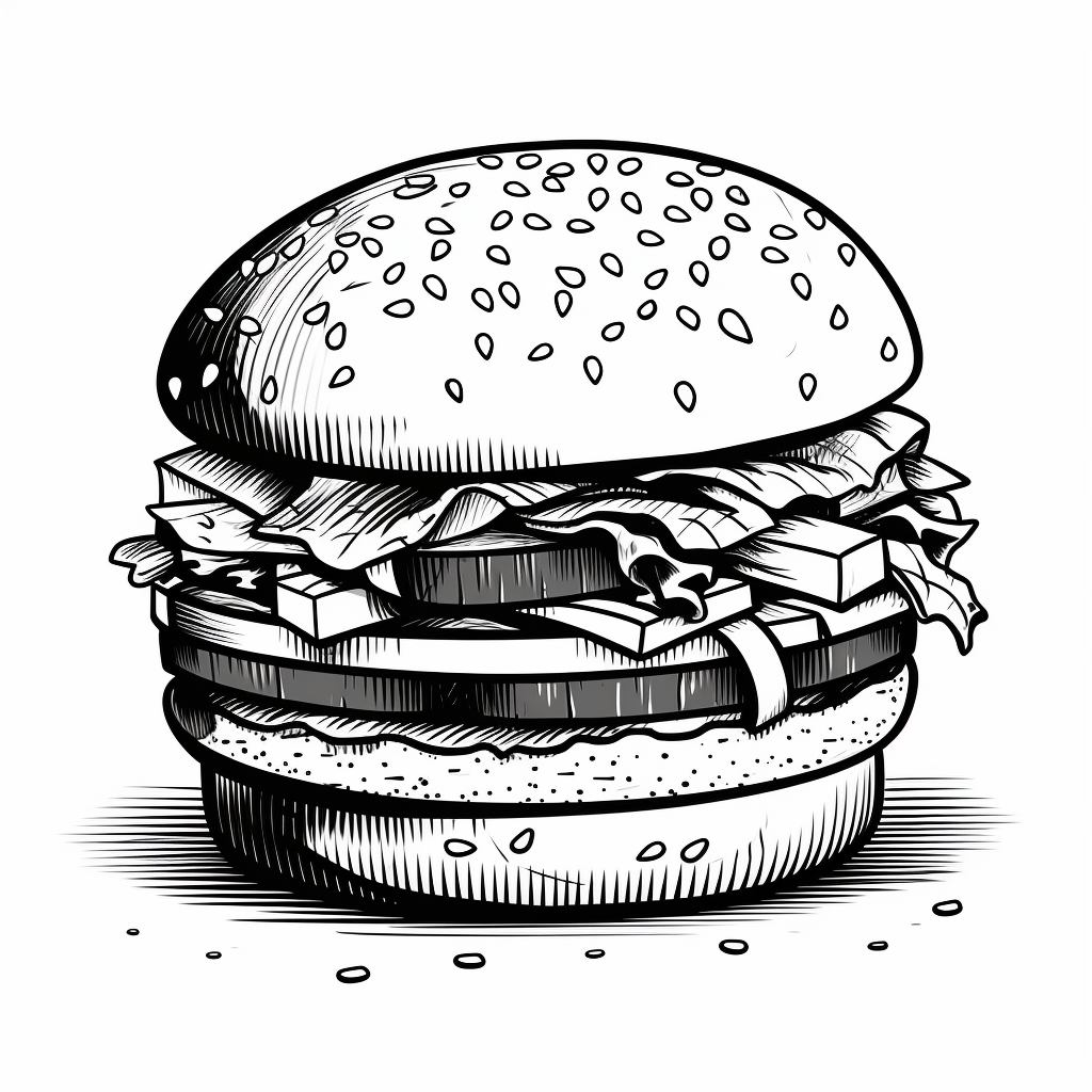 Black and white coloring page with hamburger design