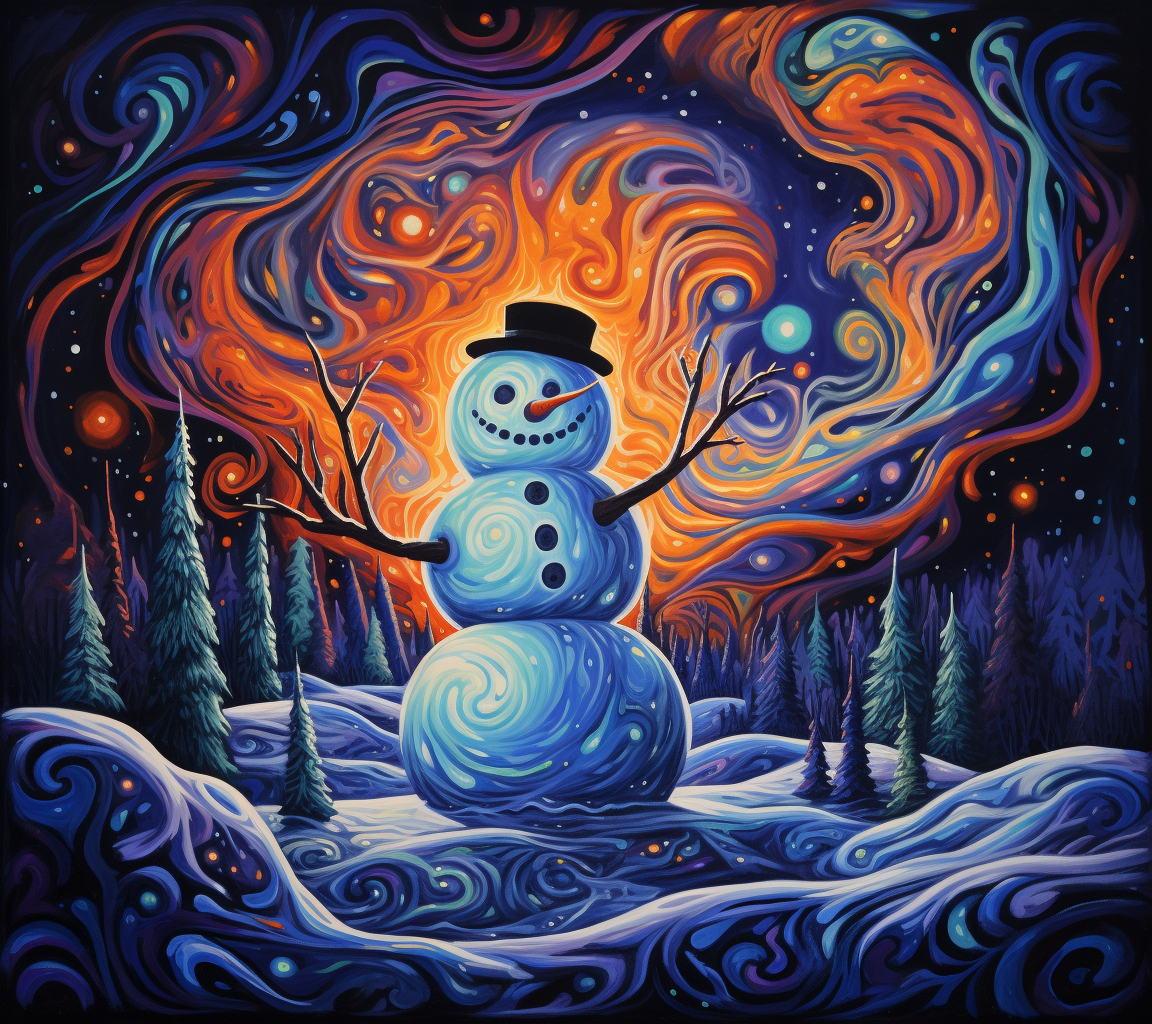 Colorful blacklight snowman in winter scene