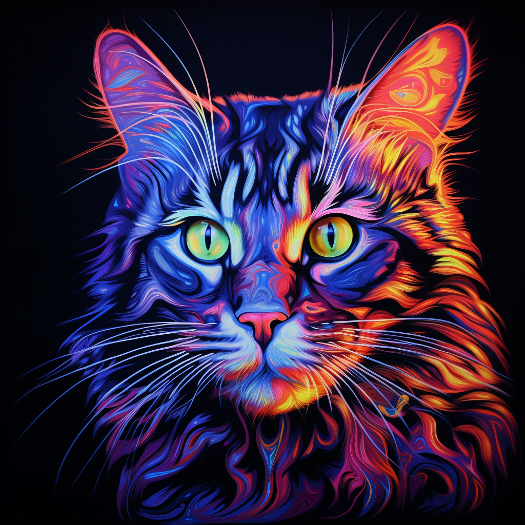 Glowing blacklight painting of a cat