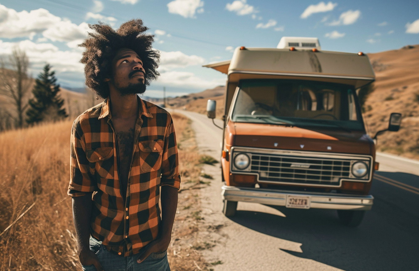 Young Black Man Standing in Front of 1970s RV