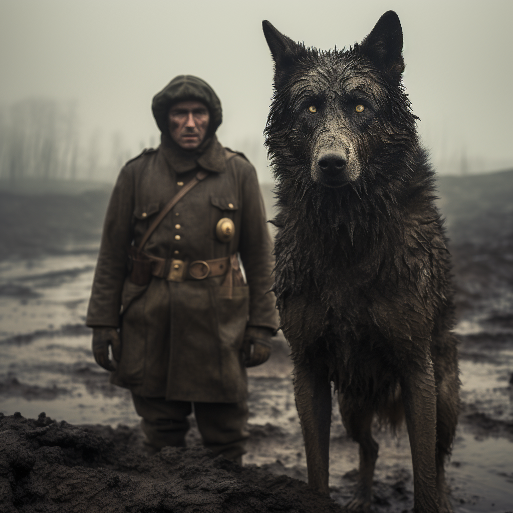 Glowing eyed black wolf overlooking a World War One soldier