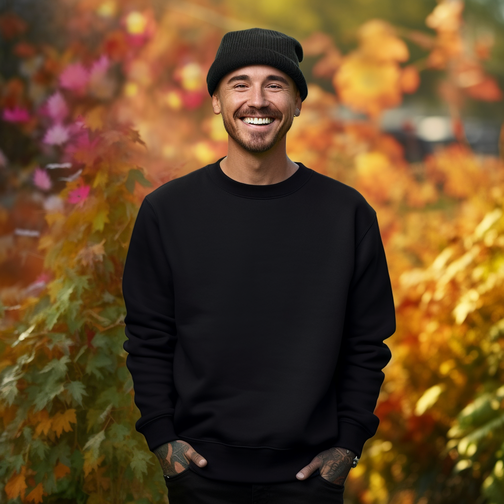 Young man wearing blank black crewneck sweatshirt