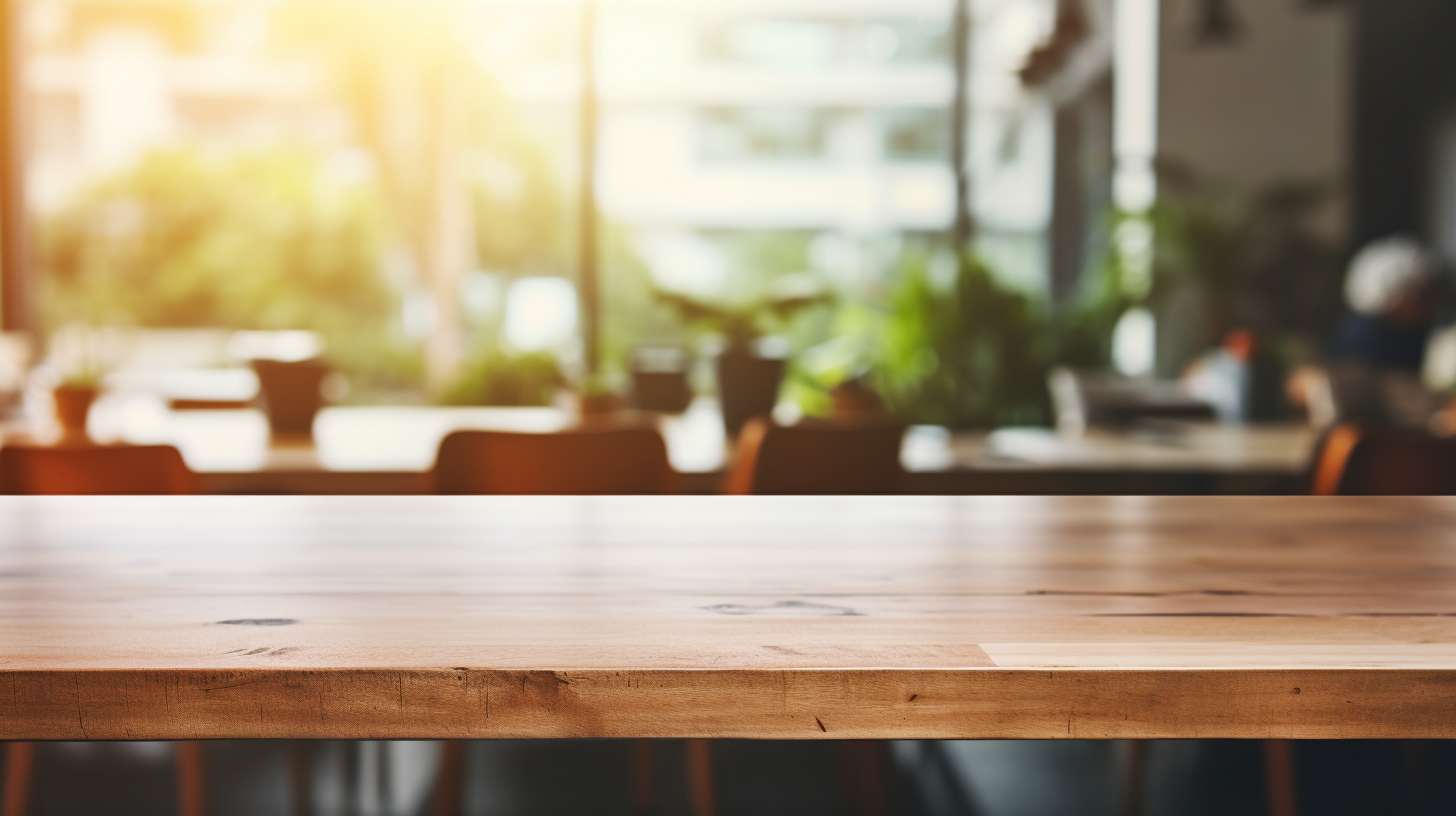 Wooden Desk with Cafeteria Background