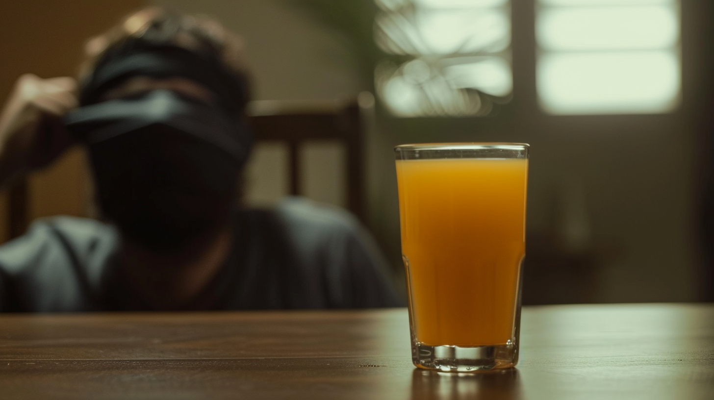 Man blindfolded with orange juice on table