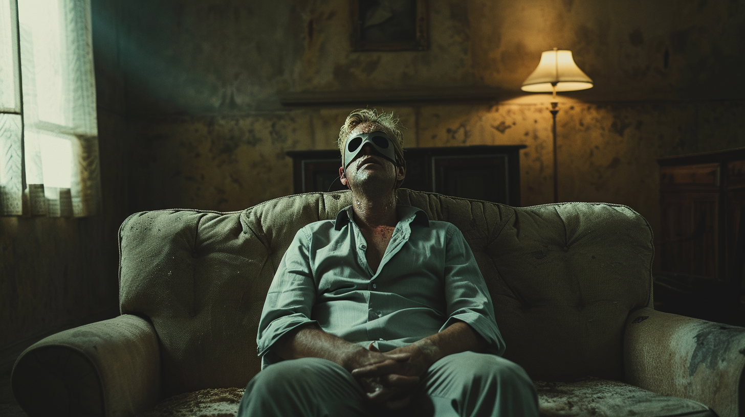 blindfolded scared man on old sofa